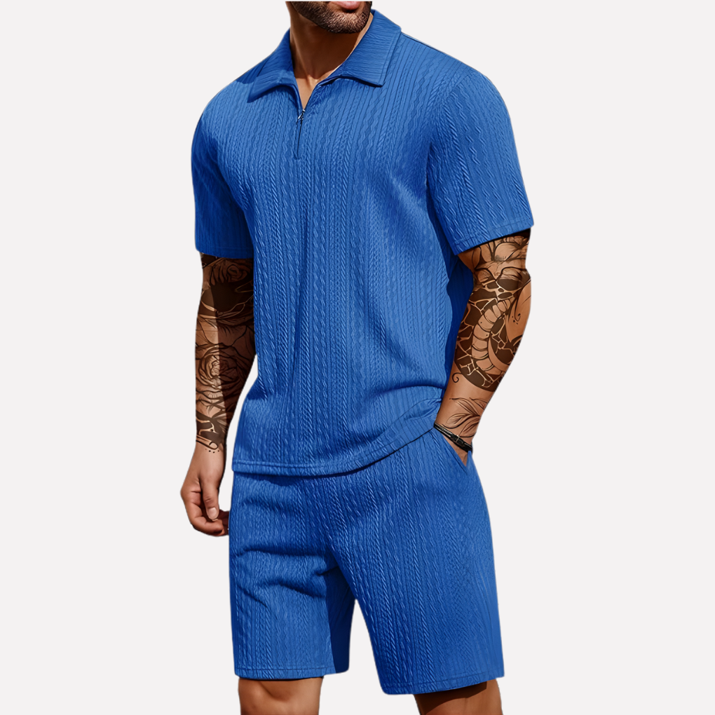 Men's 2-Piece Casual Outfit Set, Quarter-Zip Polo and Matching Shorts