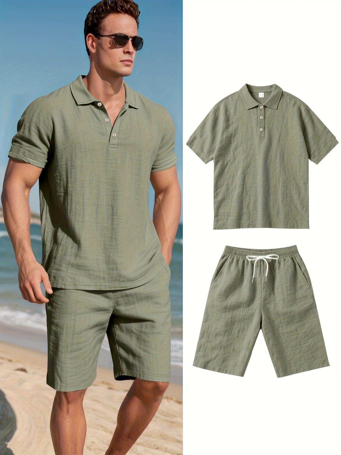 Men's Polo Shirt and Shorts Set with Adjustable Waist, Matching Summer Outfit