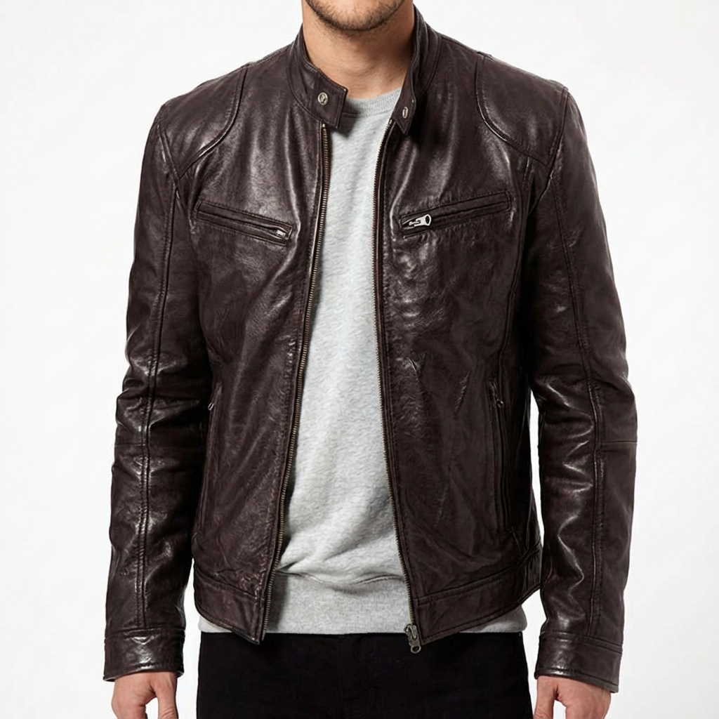 Men's Lambskin Leather Jacket, Slim Fit with Band Collar Design