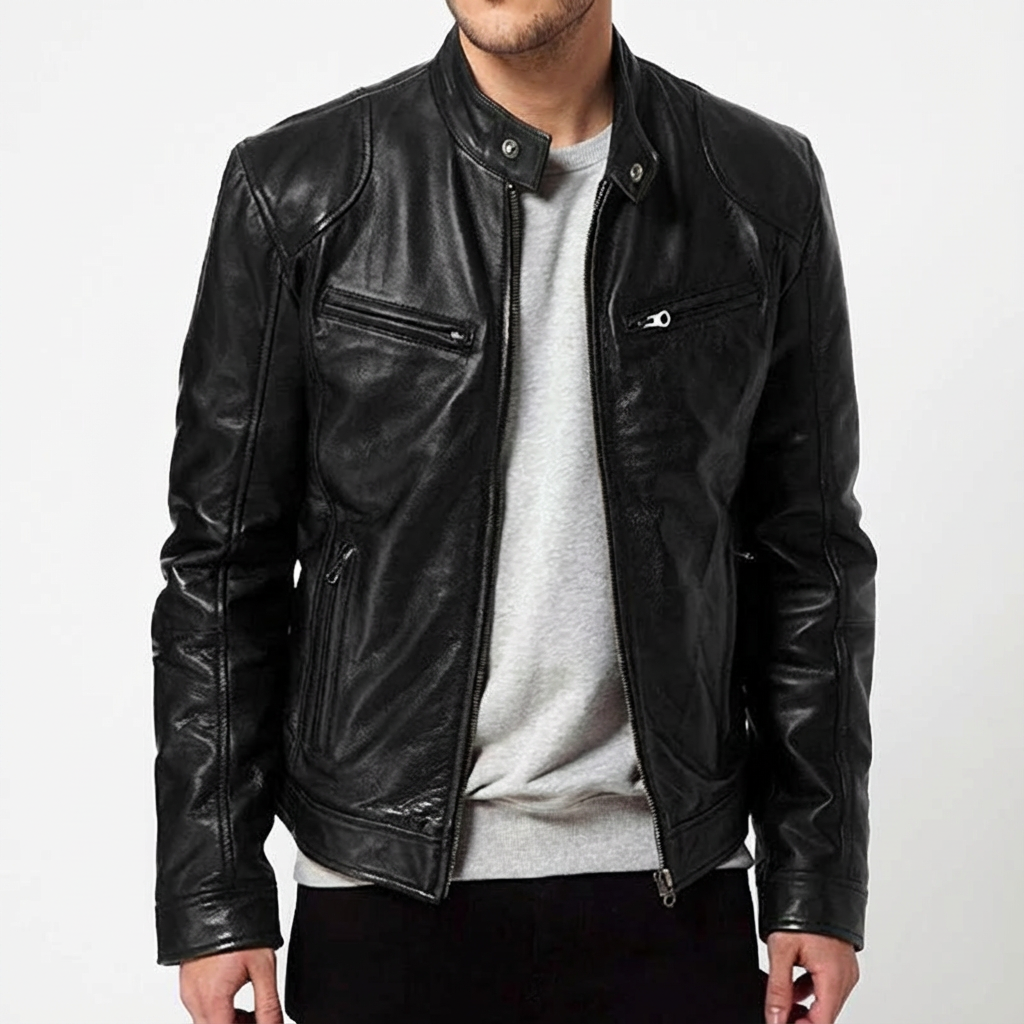 Men's Lambskin Leather Jacket, Slim Fit with Band Collar Design