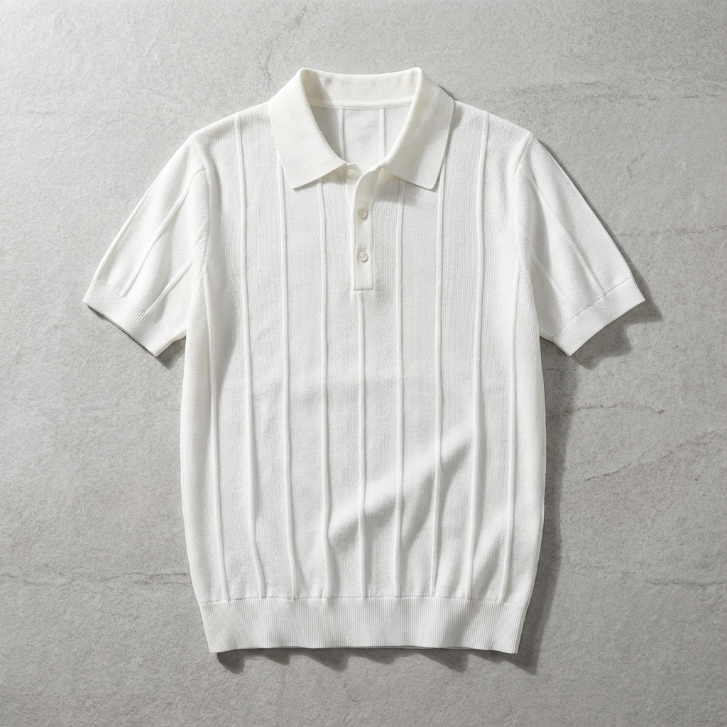 Men's Ribbed Knit Polo, Cotton-Wool Blend Pullover Silhouette