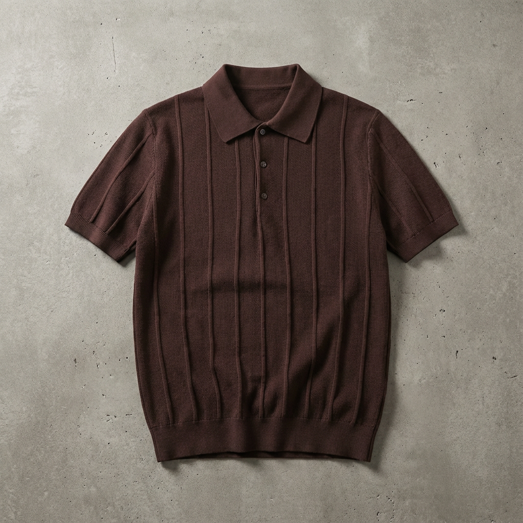 Men's Ribbed Knit Polo, Cotton-Wool Blend Pullover Silhouette