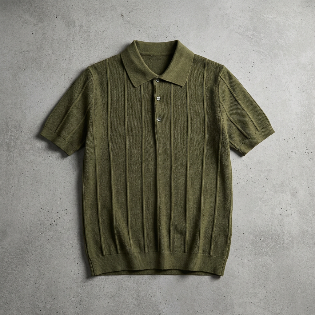 Men's Ribbed Knit Polo, Cotton-Wool Blend Pullover Silhouette