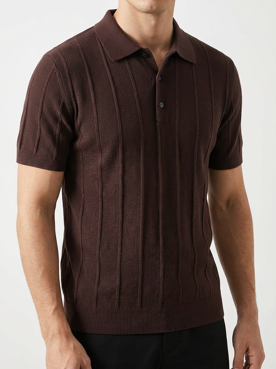 Velluto Ribbed Knit Polo for Men - Cotton-Wool Button-Down Collar