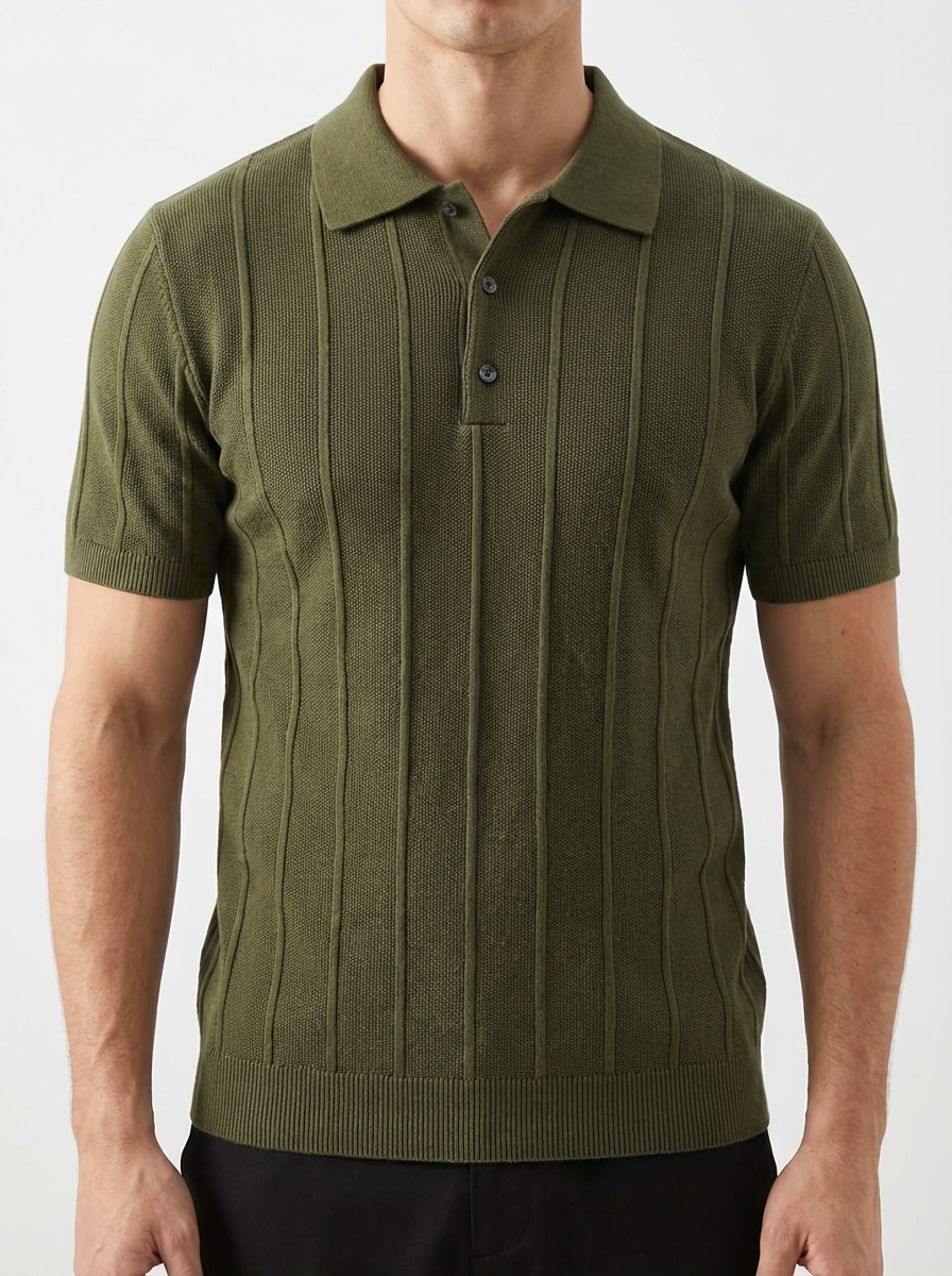 Velluto Ribbed Knit Polo for Men - Cotton-Wool Button-Down Collar