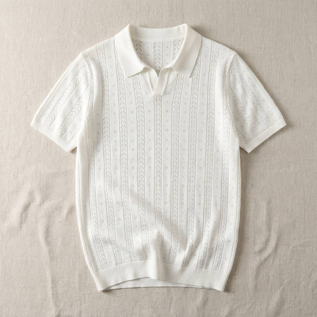 Portofino Jacquard Knit Polo for Men, Striped V-Neck Short-Sleeve Top