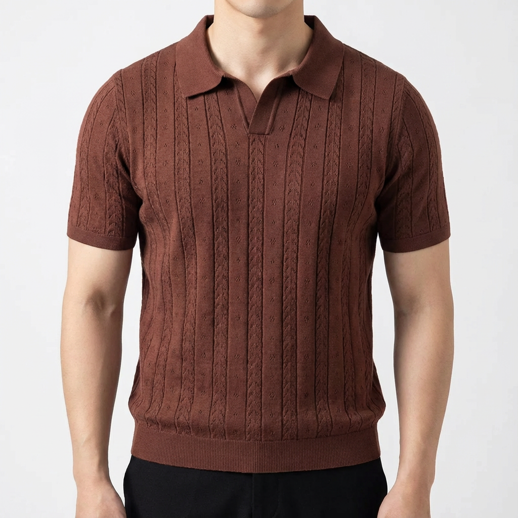 Men's Jacquard Knit Polo, Striped V-Neck Short Sleeve Design