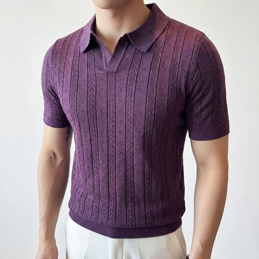 Men's Jacquard Knit Polo, Striped V-Neck Short Sleeve Design