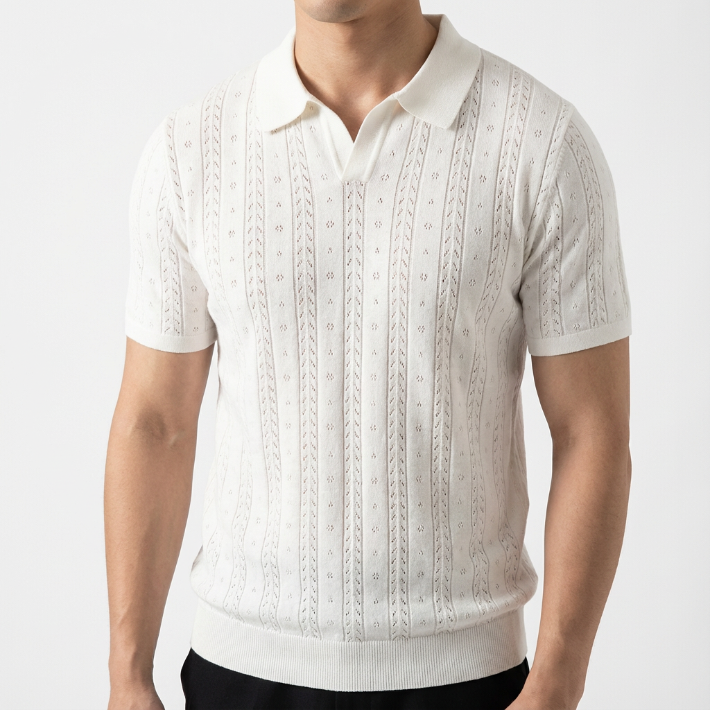 Men's Jacquard Knit Polo, Striped V-Neck Short Sleeve Design