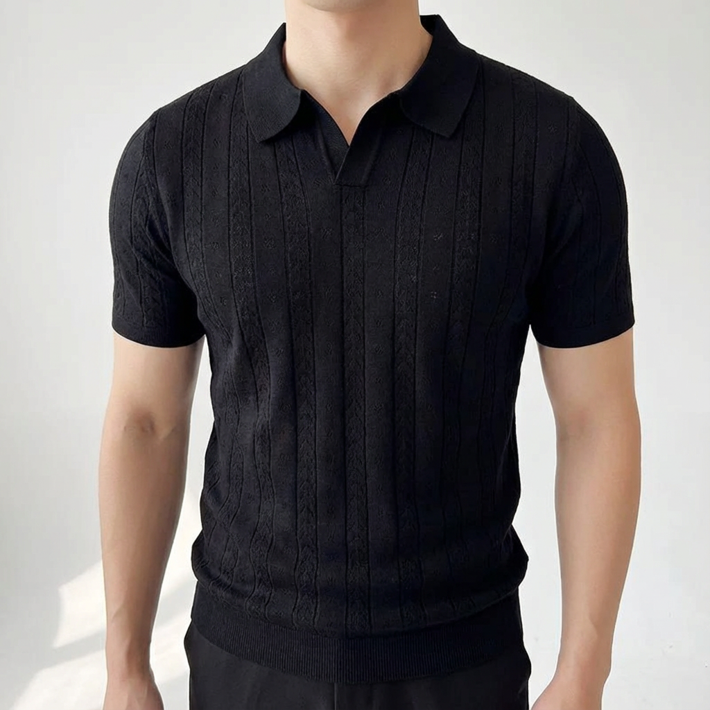 Men's Jacquard Knit Polo, Striped V-Neck Short Sleeve Design
