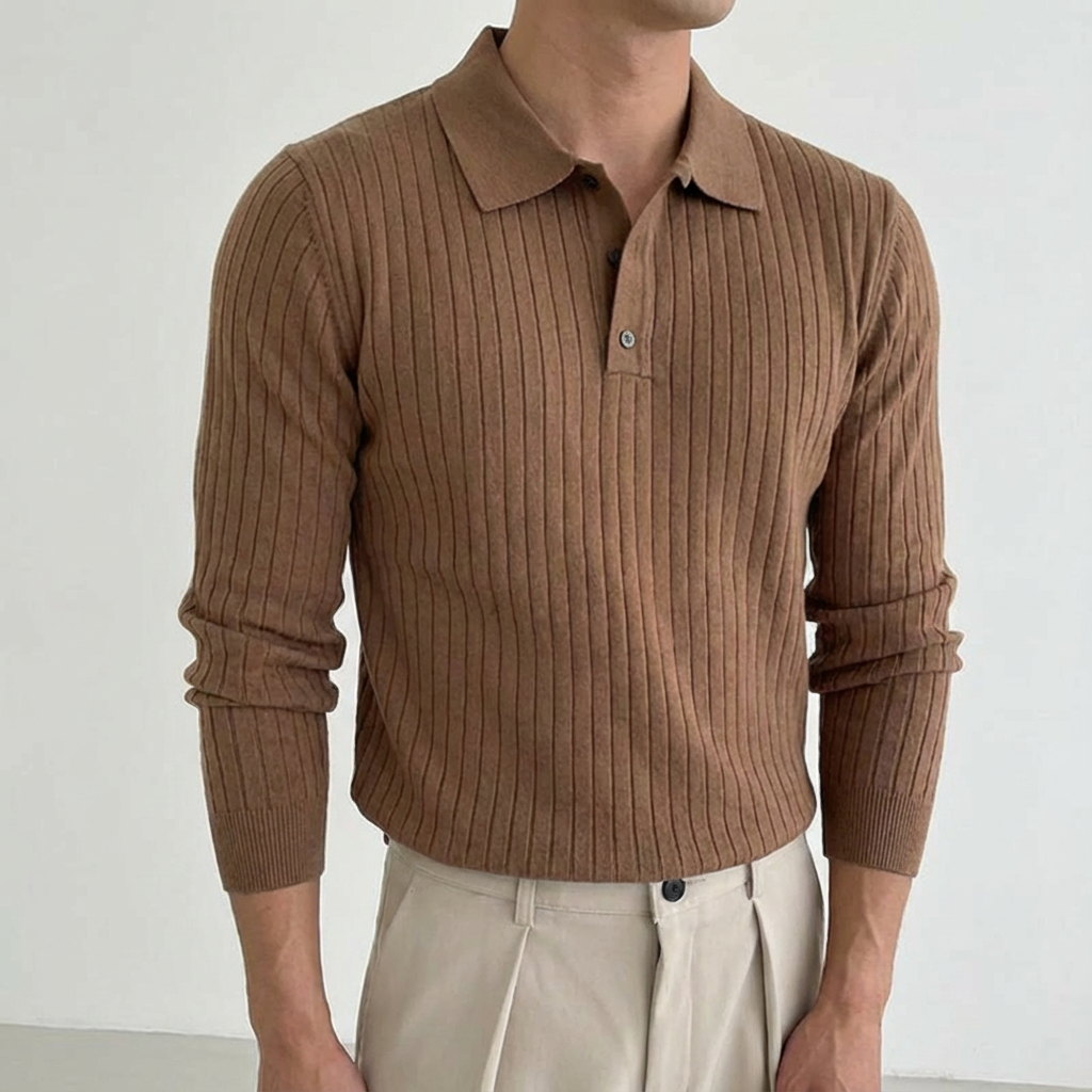 Monaco Knit Leisure Polo for Men - Long-Sleeve Button-Down Polo