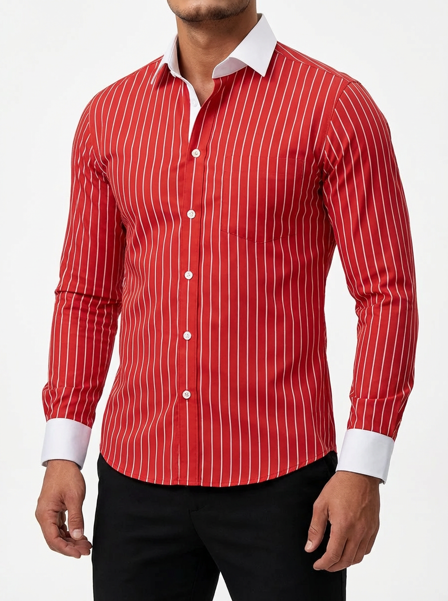 Men's Striped Knit Shirt, Premium Blend Contrasting Collar Detail
