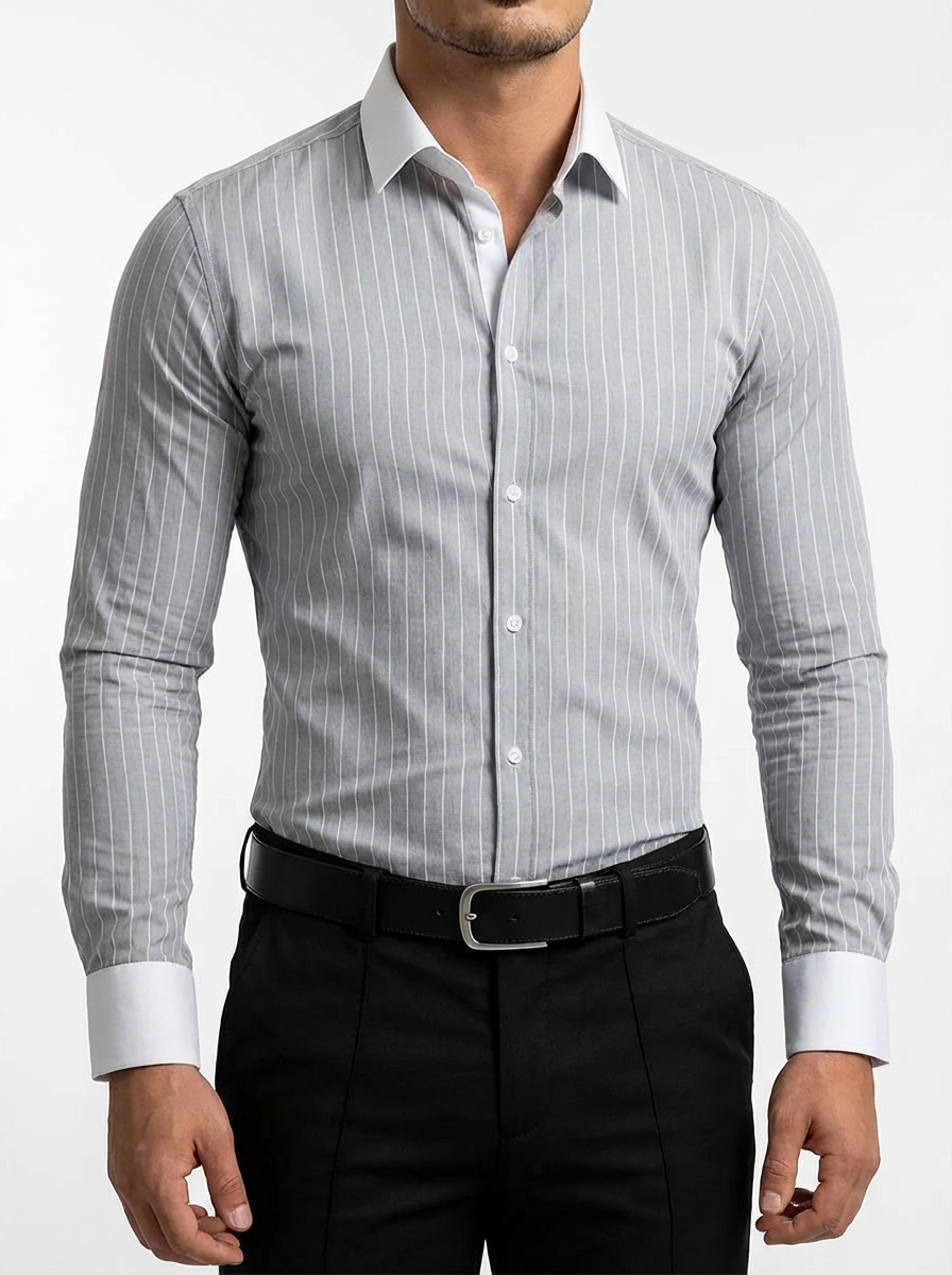 Men's Striped Knit Shirt, Premium Blend Contrasting Collar Detail
