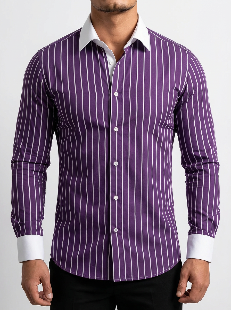 Men's Striped Knit Shirt, Premium Blend Contrasting Collar Detail