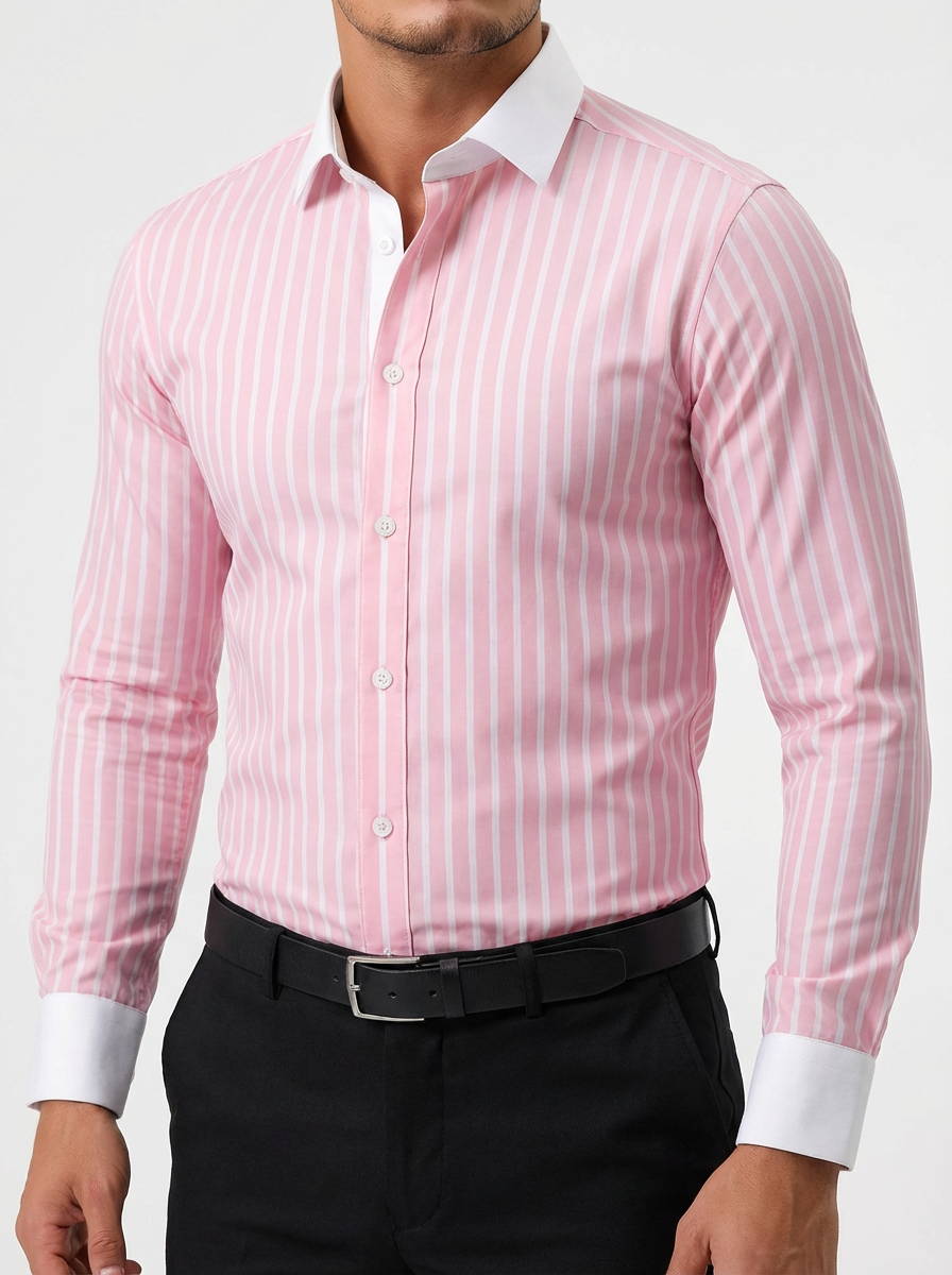 Men's Striped Knit Shirt, Premium Blend Contrasting Collar Detail