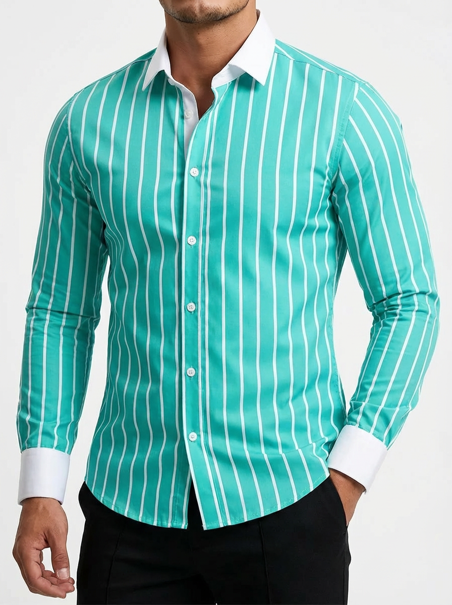 Men's Striped Knit Shirt, Premium Blend Contrasting Collar Detail
