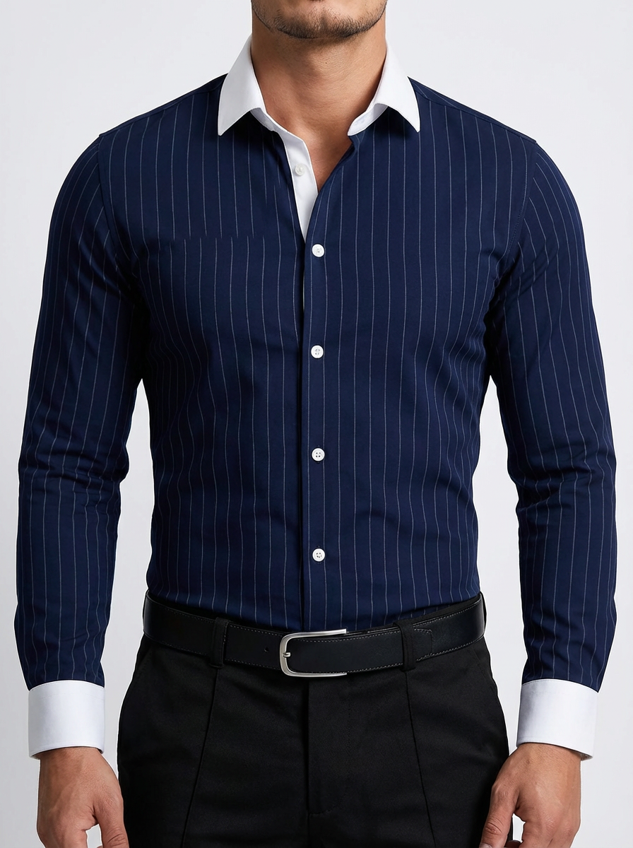 Men's Striped Knit Shirt, Premium Blend Contrasting Collar Detail