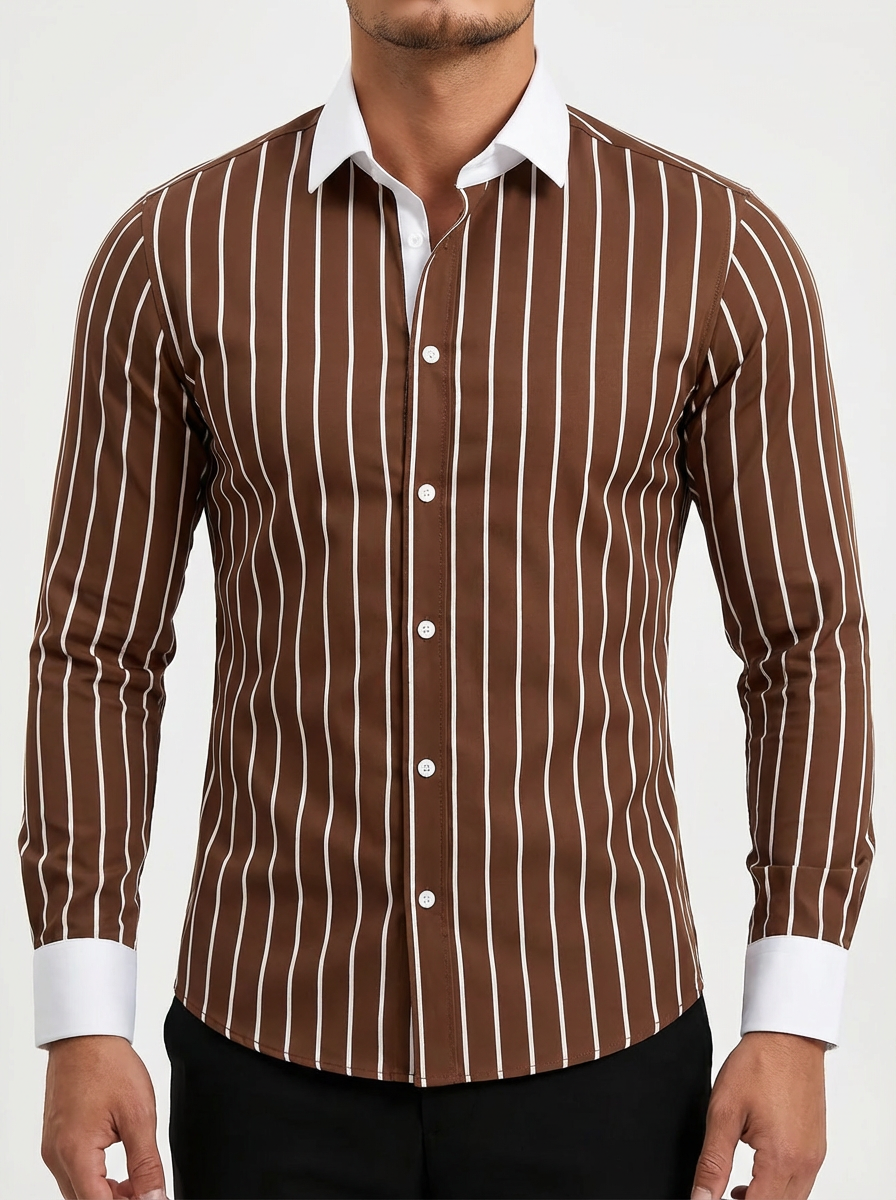 Men's Striped Knit Shirt, Premium Blend Contrasting Collar Detail