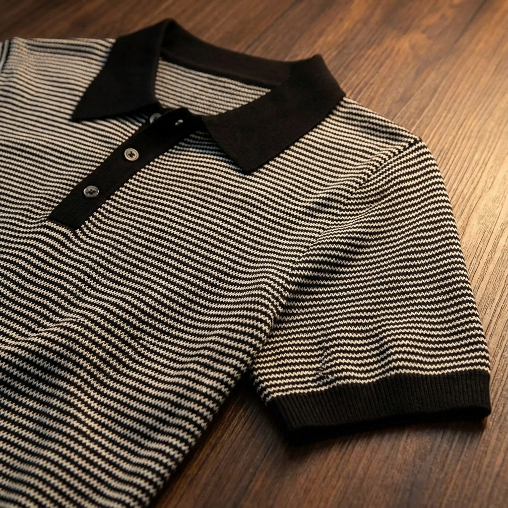 Serafina Cotton Knit Polo for Men - Slim Fit Striped Detailing
