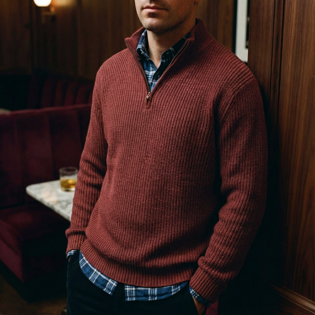 Florence Cotton Quarter-Zip for Men, Warm Layering Piece with Zip Detail