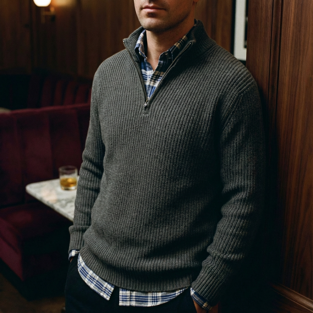Florence Cotton Quarter-Zip for Men, Warm Layering Piece with Zip Detail