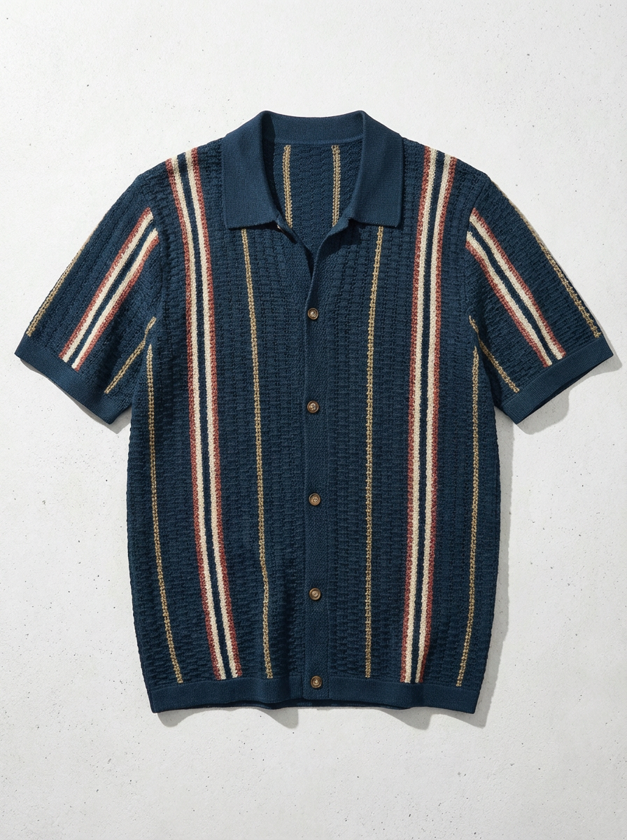 Monaco Knit Polo Shirt for Men, Striped Cotton Blend Classic Collar Polo