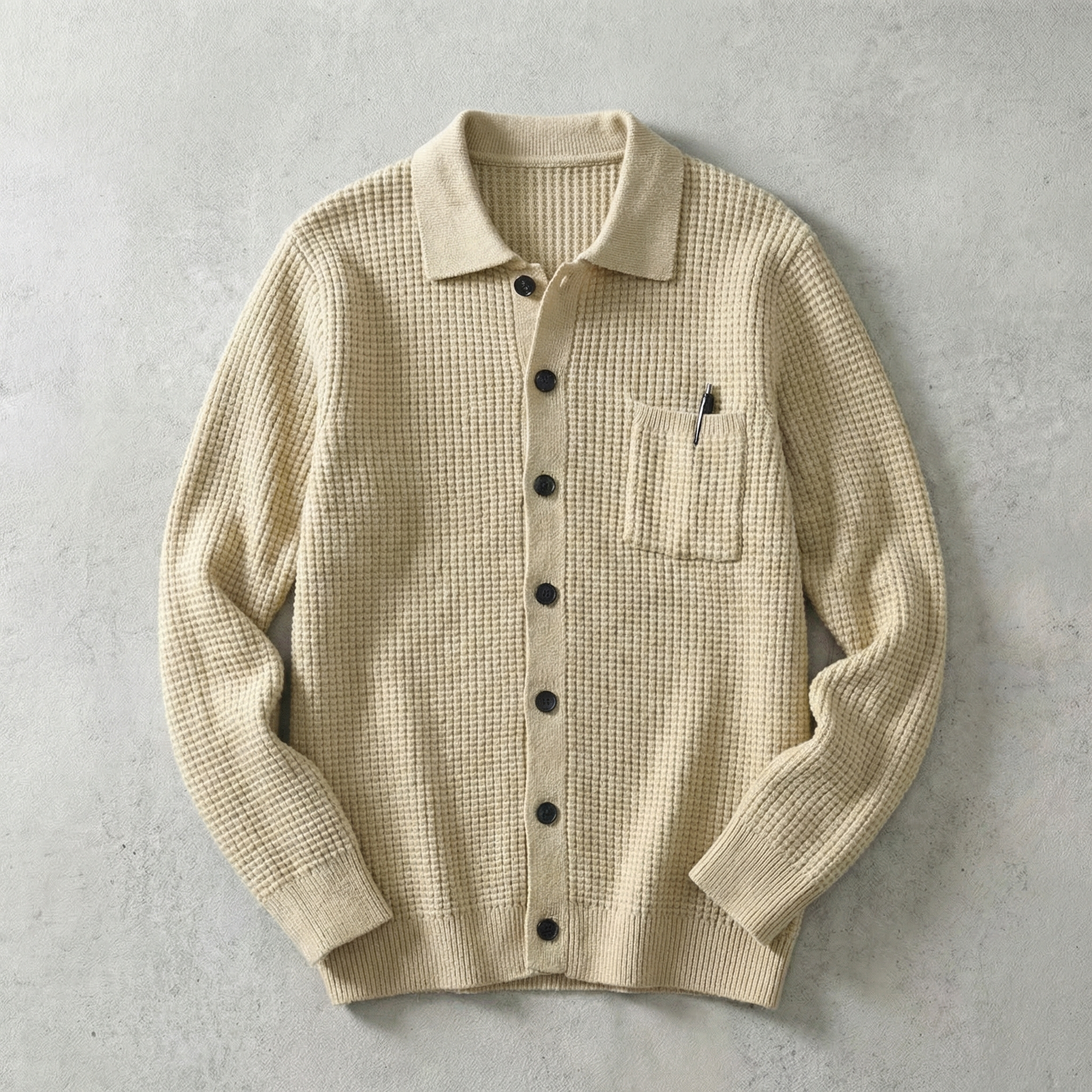 Malta Men's Knitted Cardigan - Waffle Knit Polo Collar Sweater
