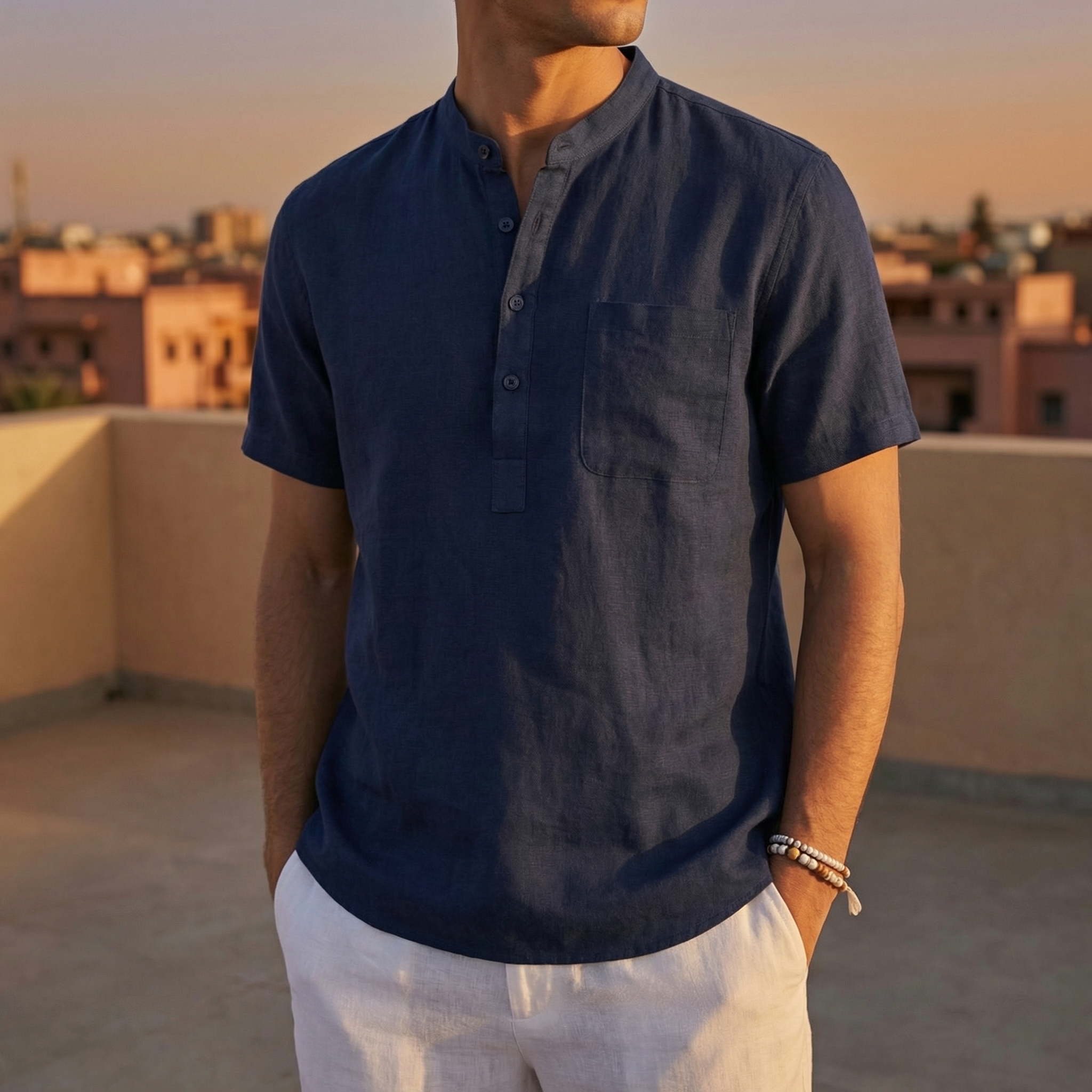 Men's Cotton Linen Henley Shirt, Short Sleeve with Chest Pocket