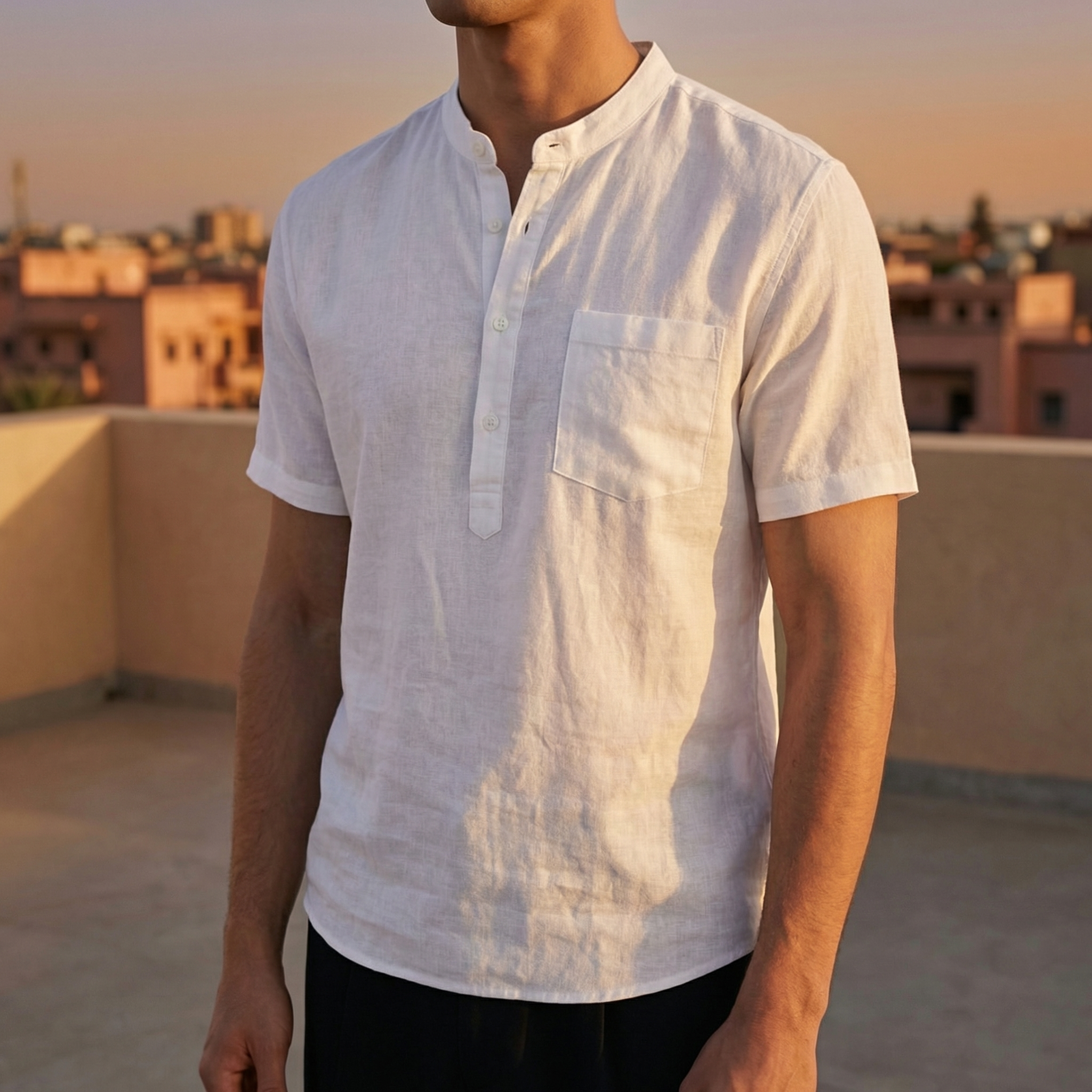 Men's Cotton Linen Henley Shirt, Short Sleeve with Chest Pocket
