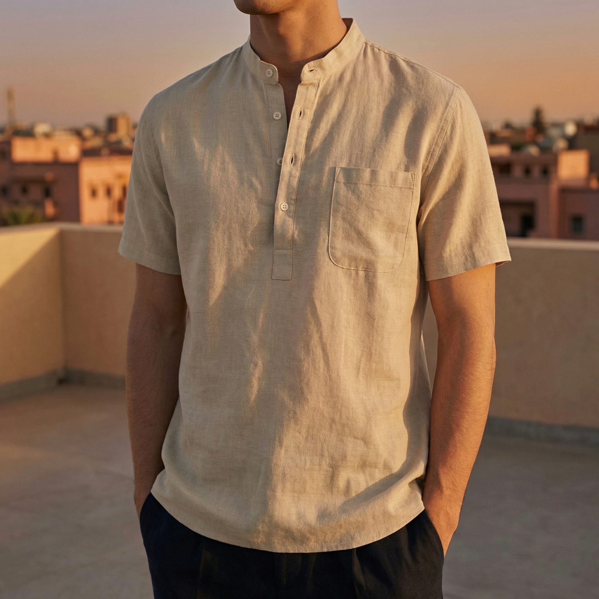 Men's Cotton Linen Henley Shirt, Short Sleeve with Chest Pocket