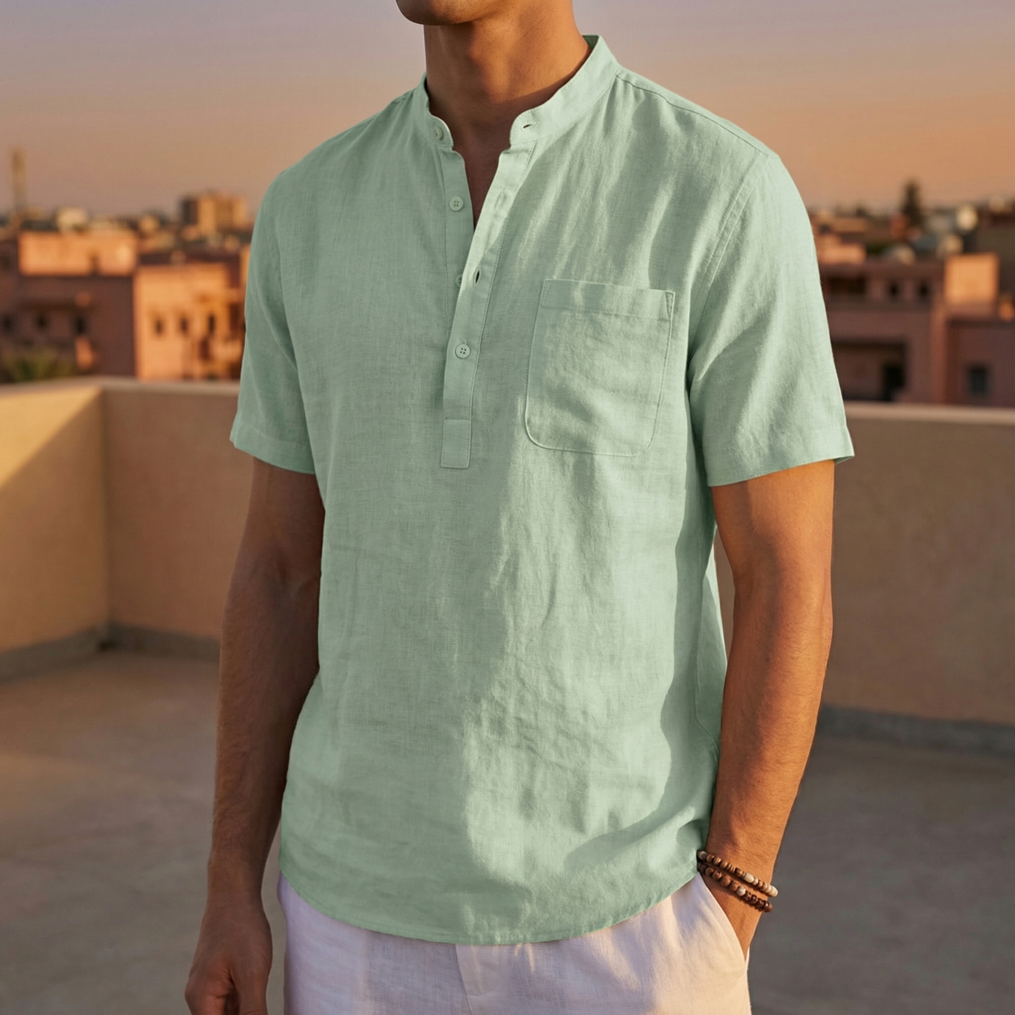 Men's Cotton Linen Henley Shirt, Short Sleeve with Chest Pocket