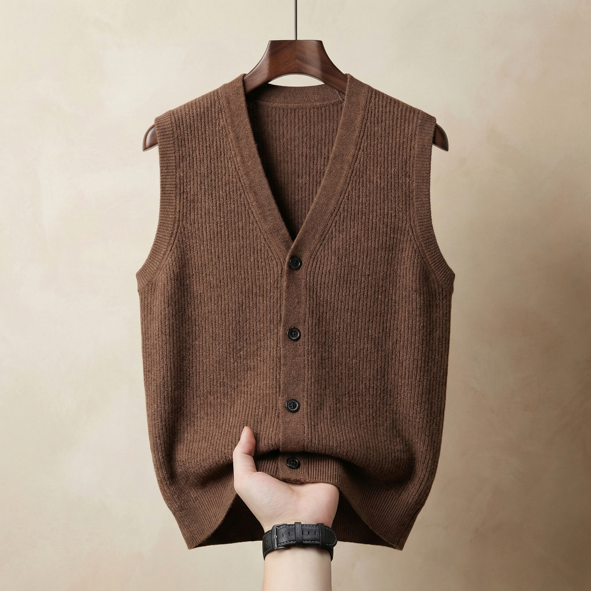 Men's Knitted Vest, Sleeveless Single-Breasted Layering Piece