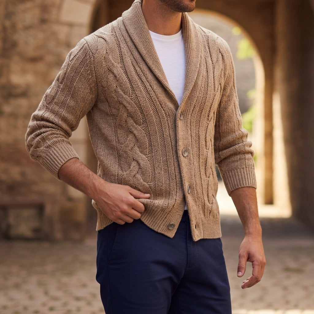 Orion Men's Shawl Collar Cardigan - Knitted Cotton Blend Sweater