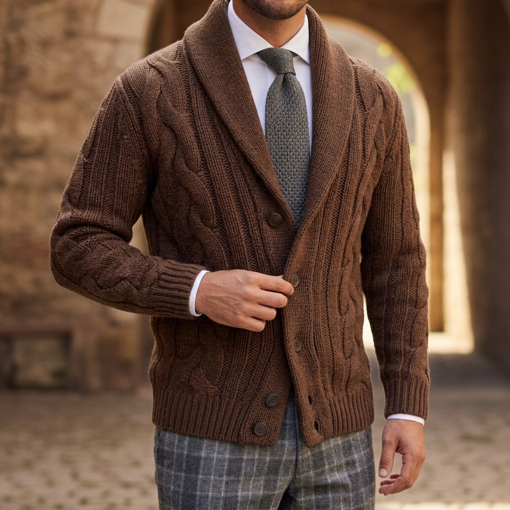 Orion Men's Shawl Collar Cardigan - Knitted Cotton Blend Sweater