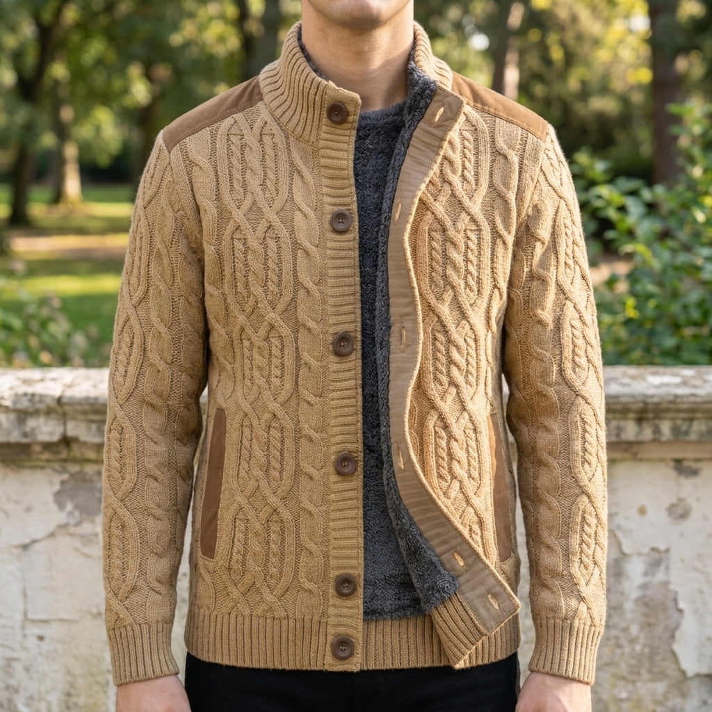 Cassiel Cable-Knit Cardigan for Men - Fleece-Lined Ribbed Collar Sweater