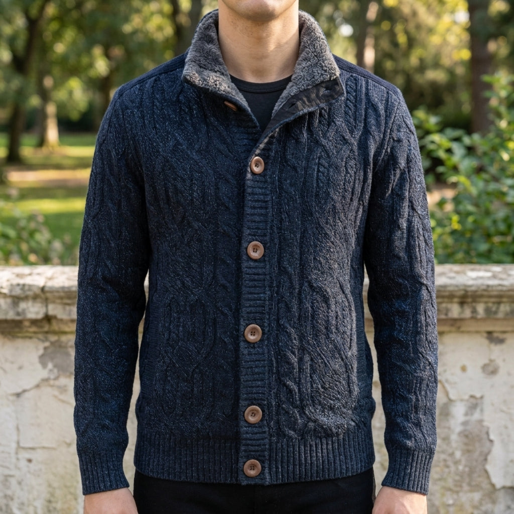 Cassiel Cable-Knit Cardigan for Men - Fleece-Lined Ribbed Collar Sweater