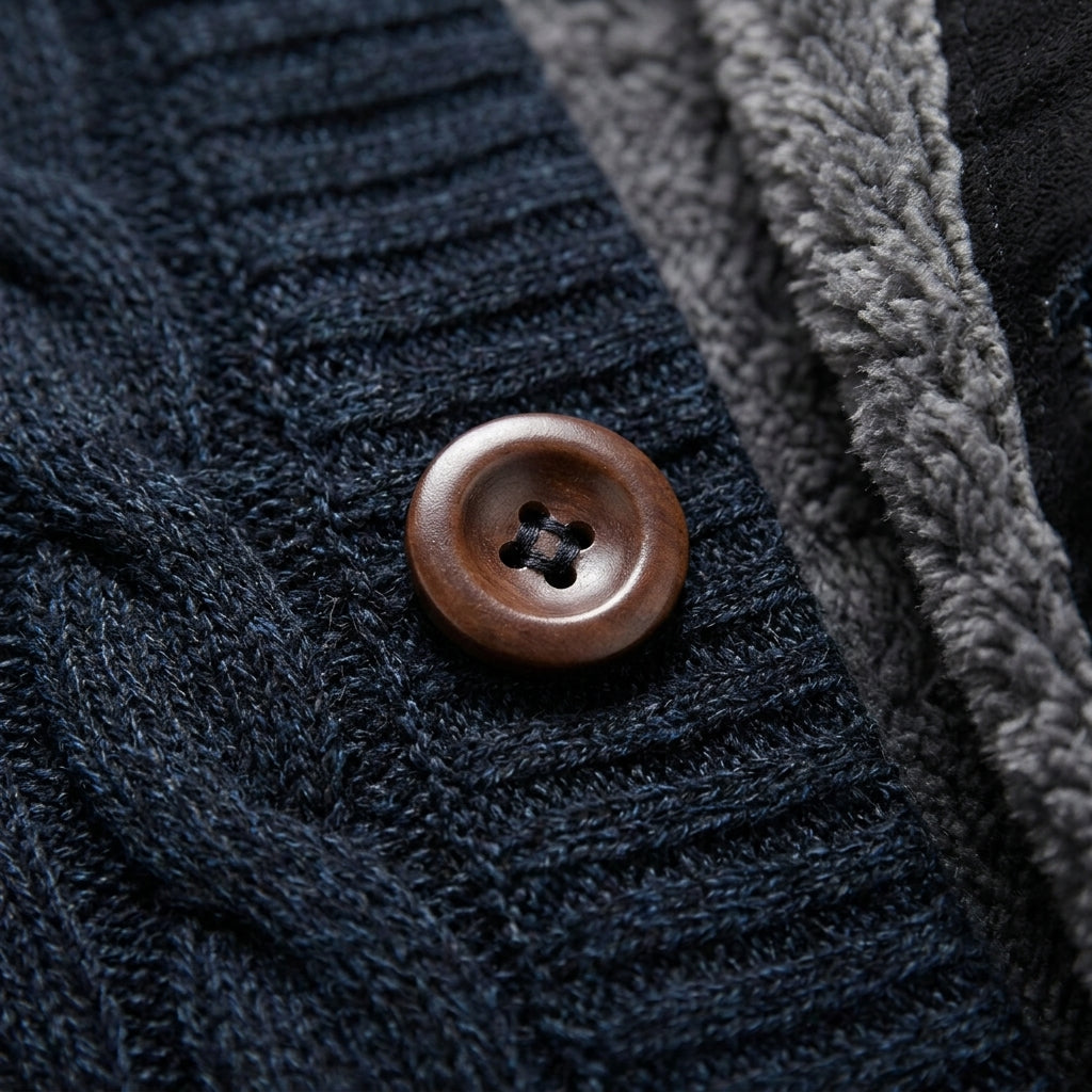 Cassiel Cable-Knit Cardigan for Men - Fleece-Lined Ribbed Collar Sweater