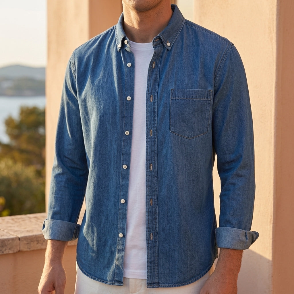 Monaco Denim Shirt for Men, Long-Sleeve Cotton Shirt for Everyday Wear