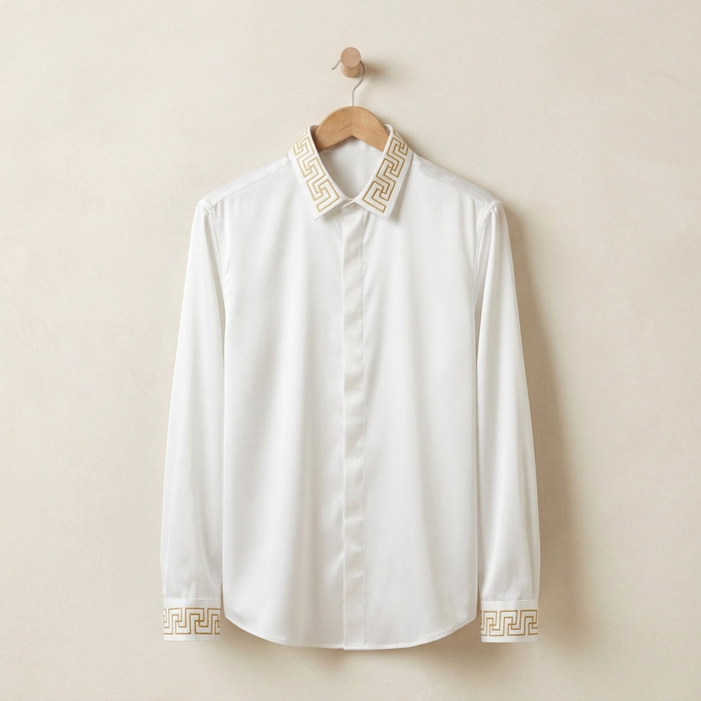 Embroidered Collar Long Sleeve Shirt for Men - Cotton-Blend Button-Up Top