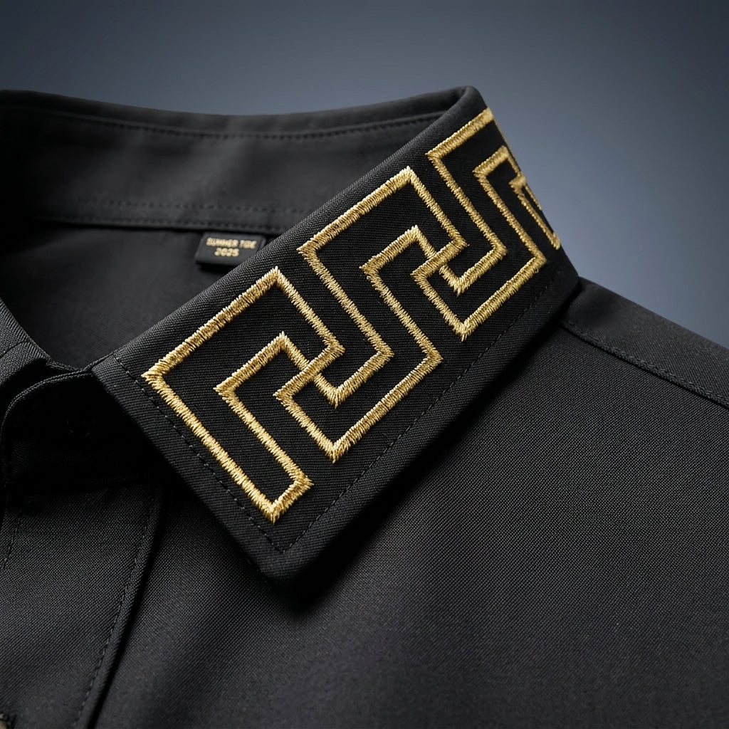 Embroidered Collar Long Sleeve Shirt for Men - Cotton-Blend Button-Up Top
