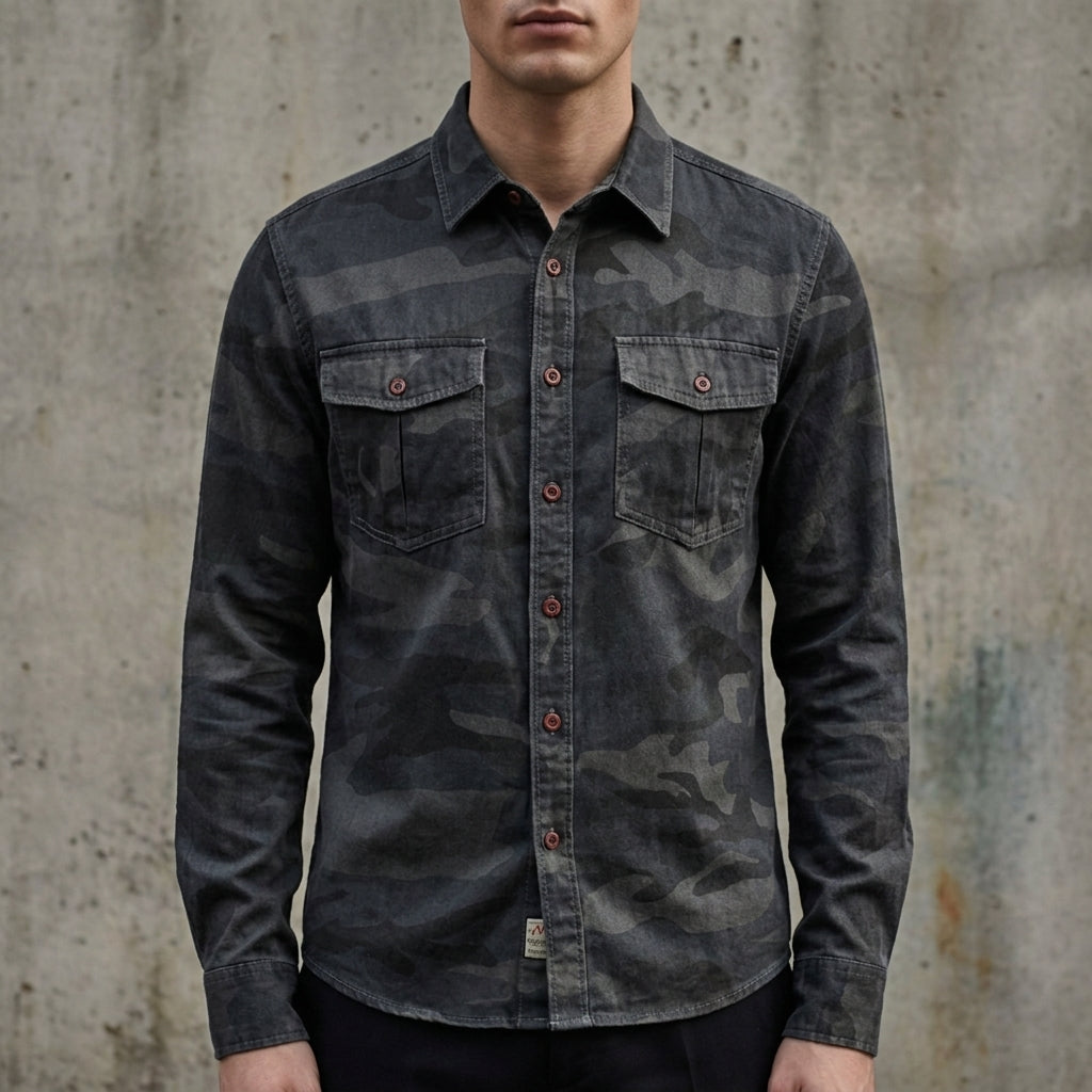 Salento Cargo Shirt for Men - Cotton Twill Camo Print Button-Up
