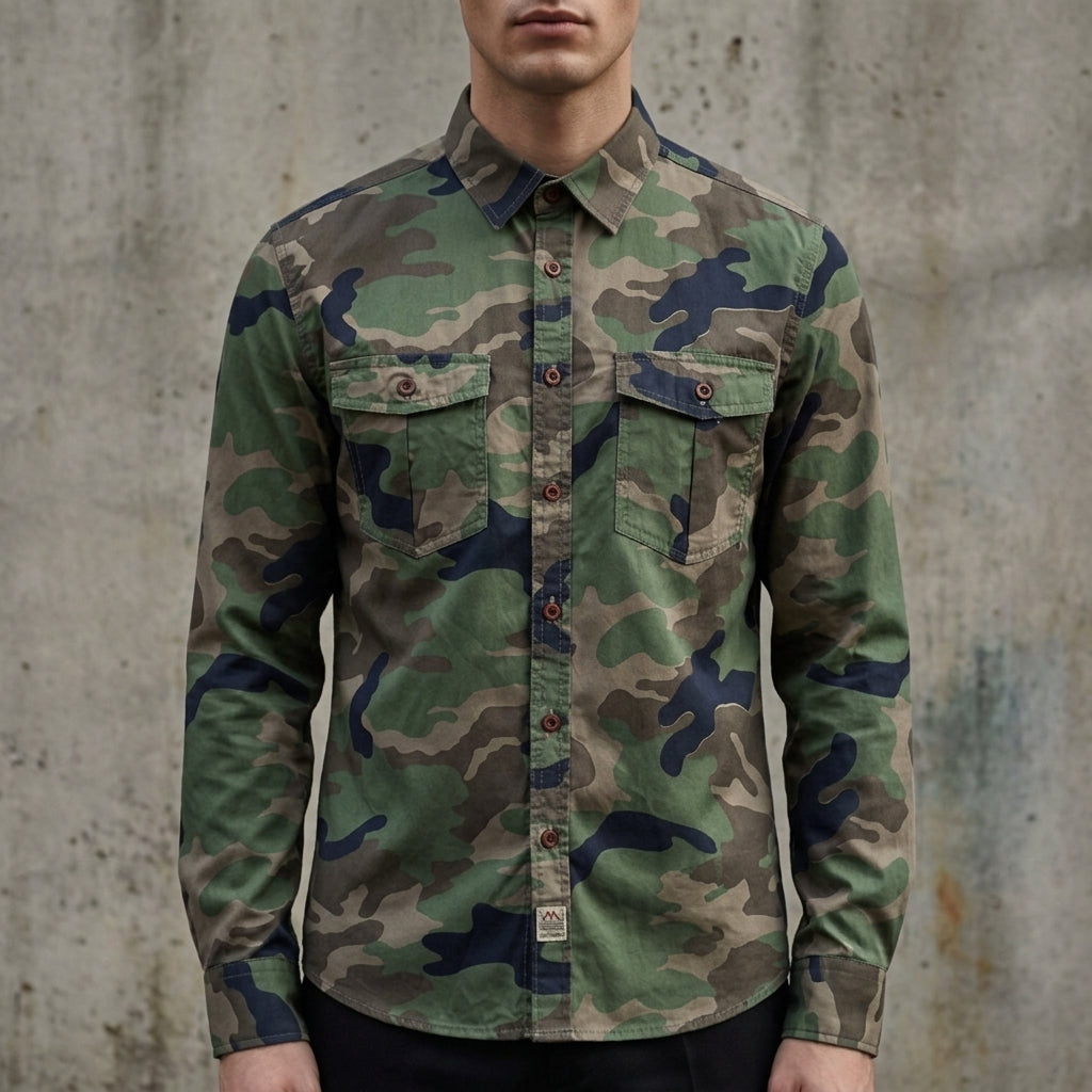 Salento Cargo Shirt for Men - Cotton Twill Camo Print Button-Up