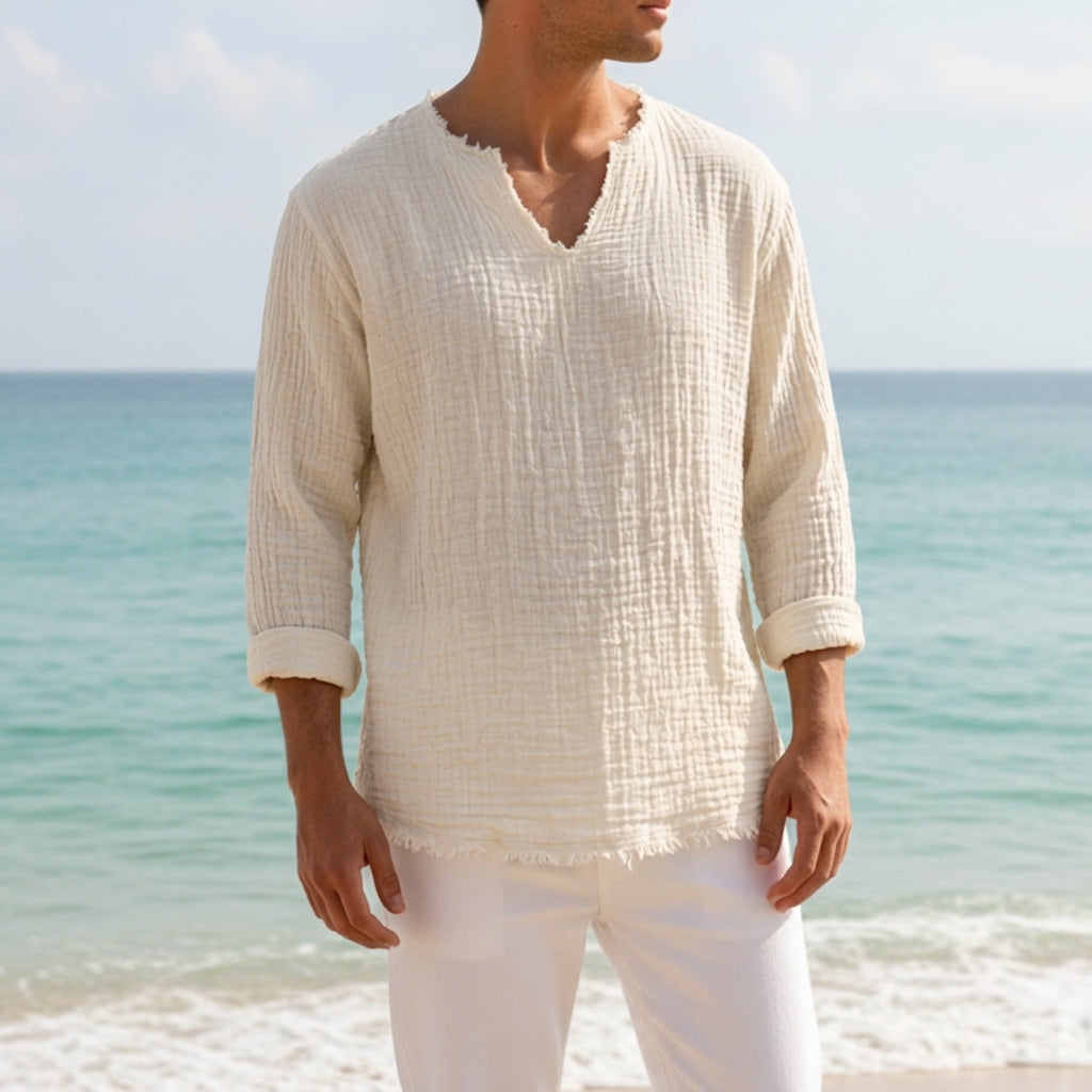 Capri Linen V-Neck Shirt - Breathable Linen-Cotton Blend for Men