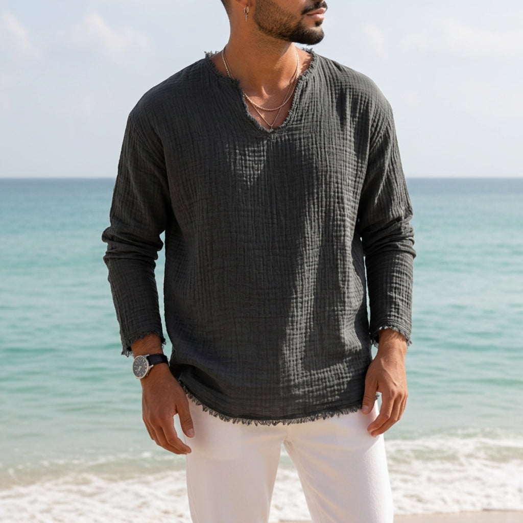 Capri Linen V-Neck Shirt - Breathable Linen-Cotton Blend for Men