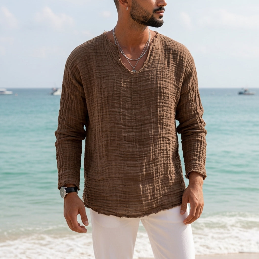 Capri Linen V-Neck Shirt - Breathable Linen-Cotton Blend for Men
