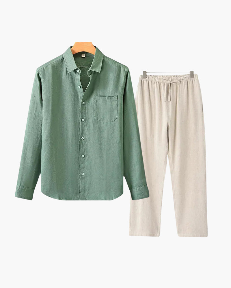 Men's Two-Piece Button-Front Shirt and Drawstring Pants Set, Casual Matching Outfit