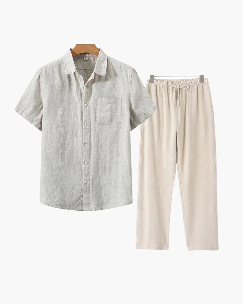 Men's Button-Down Shirt and Pants Set with Elastic Waistband, Summer Two-Piece Outfit