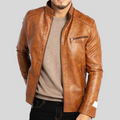 Men's Wind-Resistant Leather Jacket - Full-Zip with Snap Placket