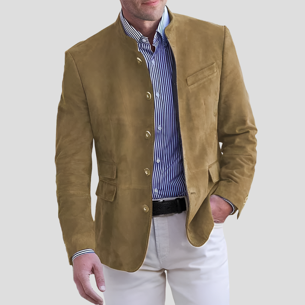 Men's Button-Up Jacket with Stand Collar and Multiple Pockets