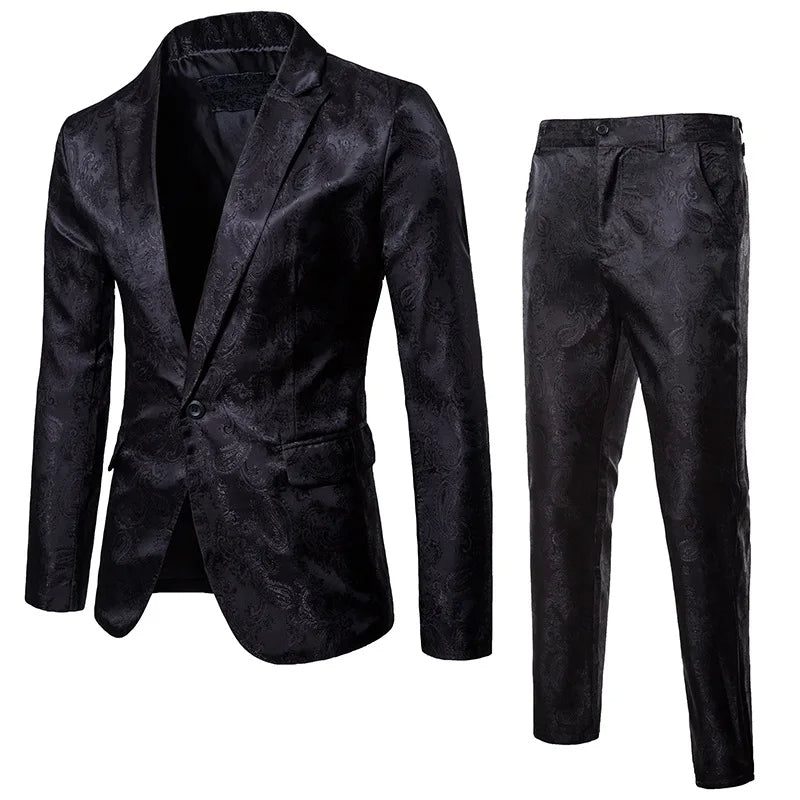 Men's Two-Piece Suit - Slim Fit Jacquard Blazer and Trousers Set